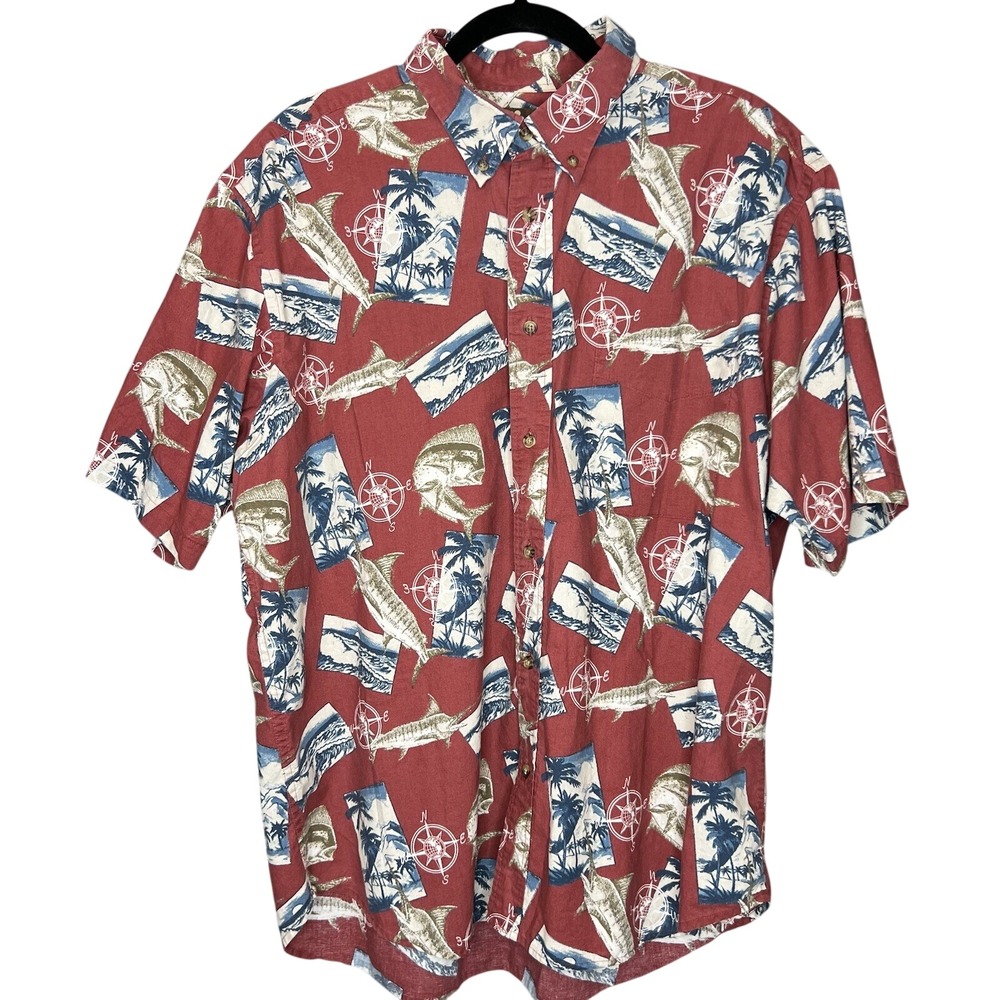 Cafe Luna Mens XL Red Tropical Fish Marlin Mahi Mahi‎ Cotton Button Down Shirt